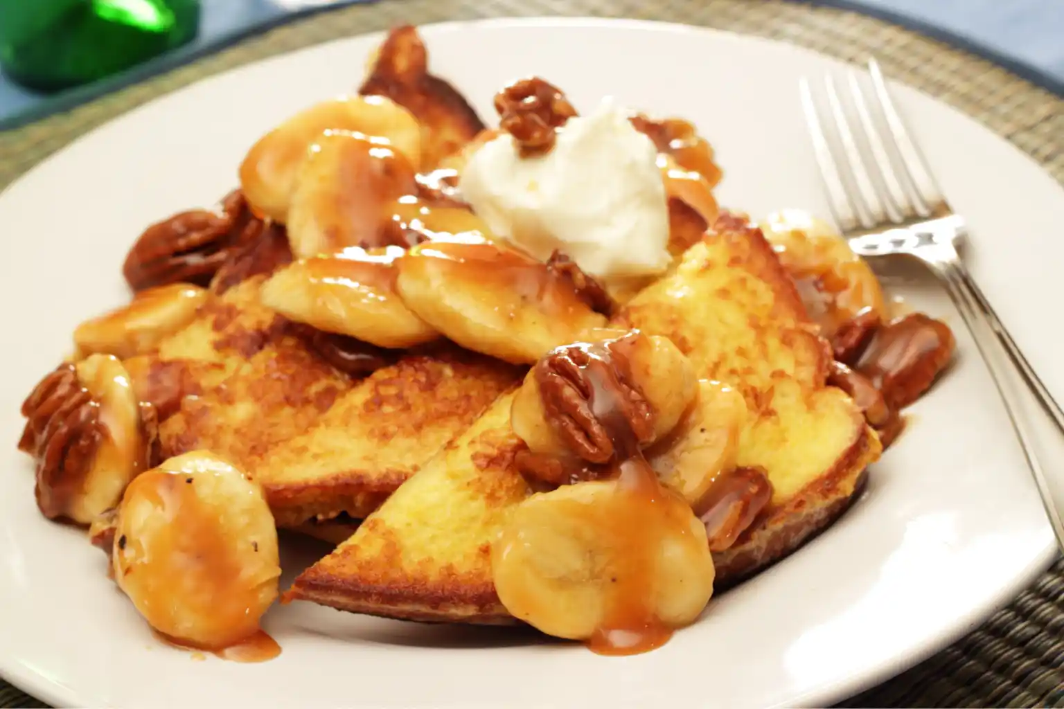 Plate of french toast casserole with pecans