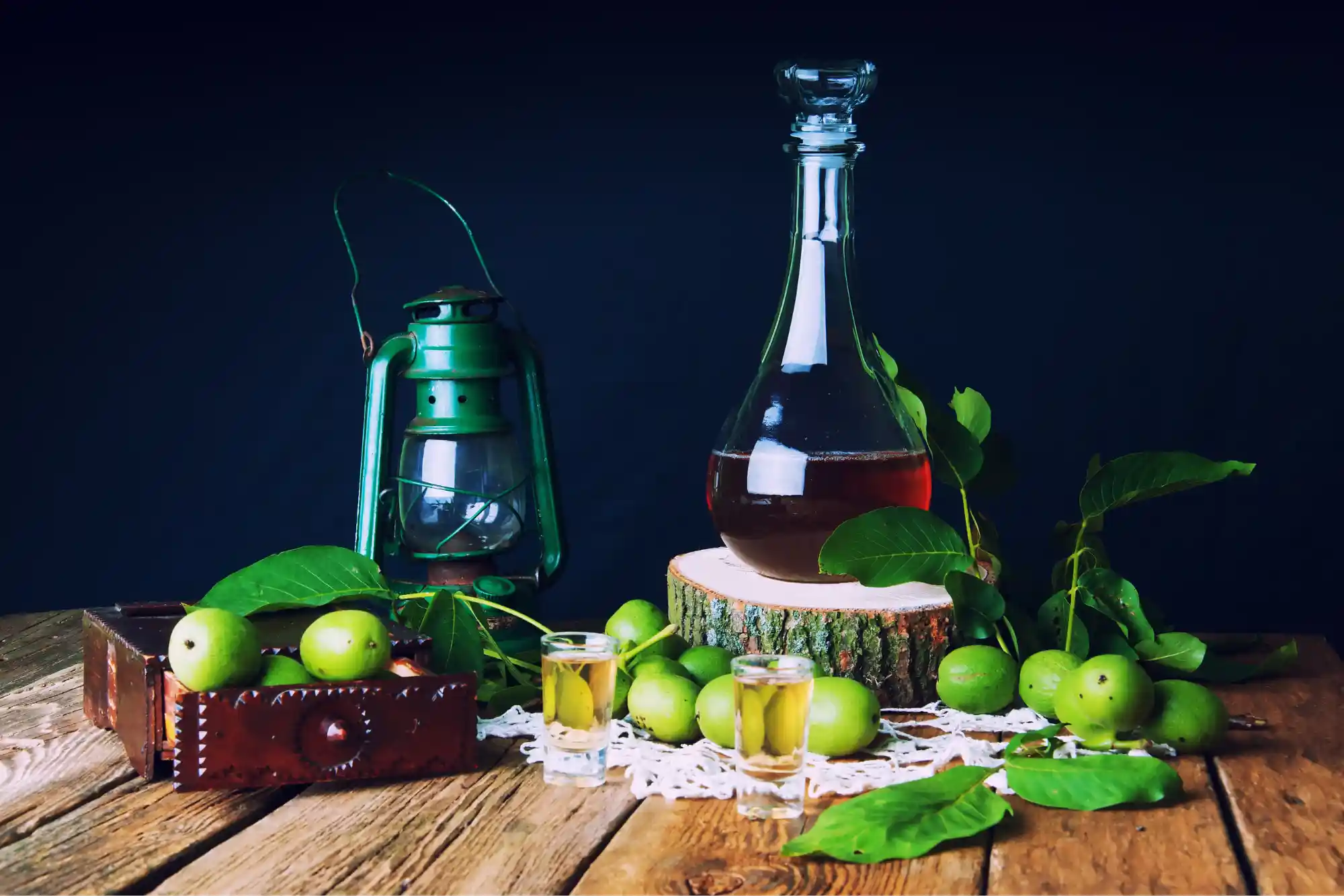 Green walnut tinctures display of green walnuts and bottles of green walnut tinctures