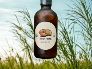 Photo of Handy Farms organic almond oil in an amber jar