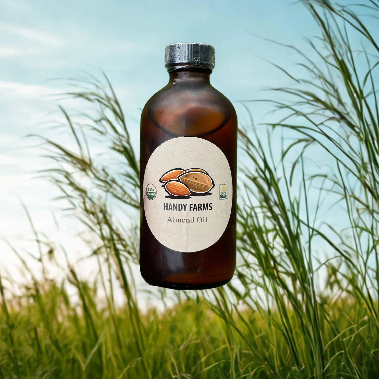 Photo of Handy Farms organic almond oil in an amber jar