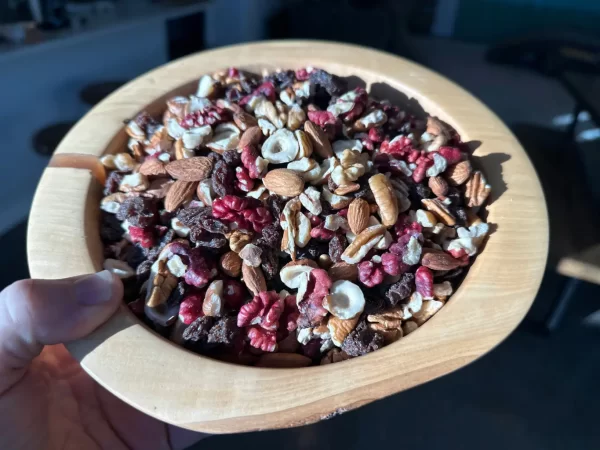 bowl of raw organic trail mix with raisins